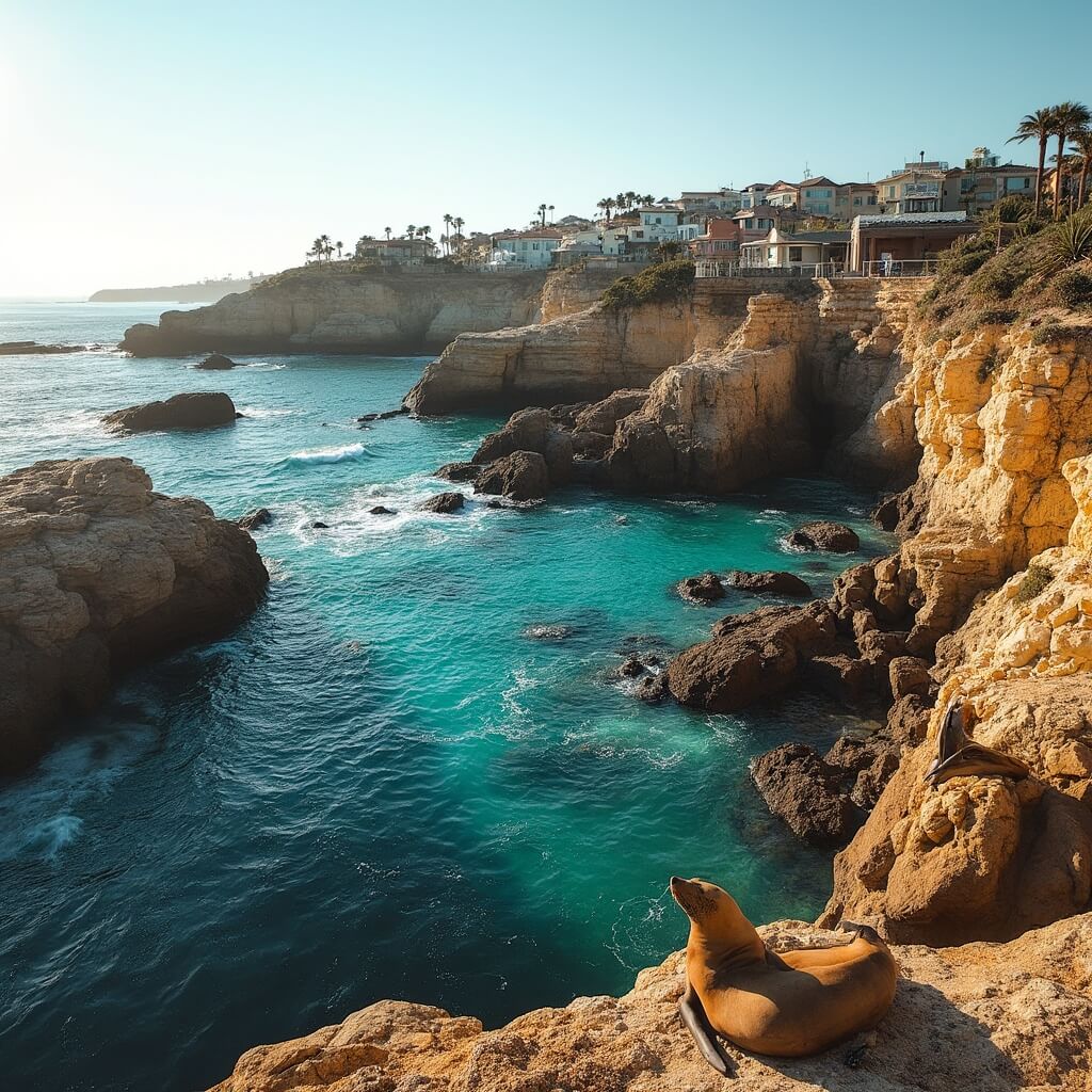 Sea lions sunbathing on the rocky cliffs of La Jolla Cove with pristine turquoise waters under golden hour lighting