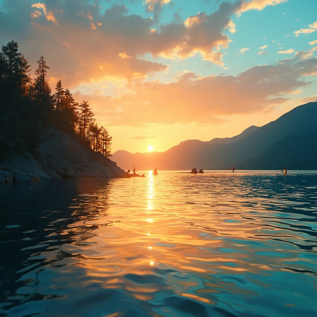 Summer sunset on Lake Champlain with Green Mountains silhouette, golden light reflection on water, distant paddleboarders, and warm sky colors