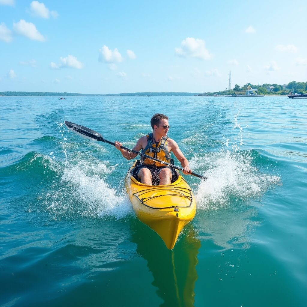 Kayaker navigating crystal-clear blue waters of Lake Erie near Sandusky's shoreline, highlighting vibrant recreational activity and dynamic water splashes