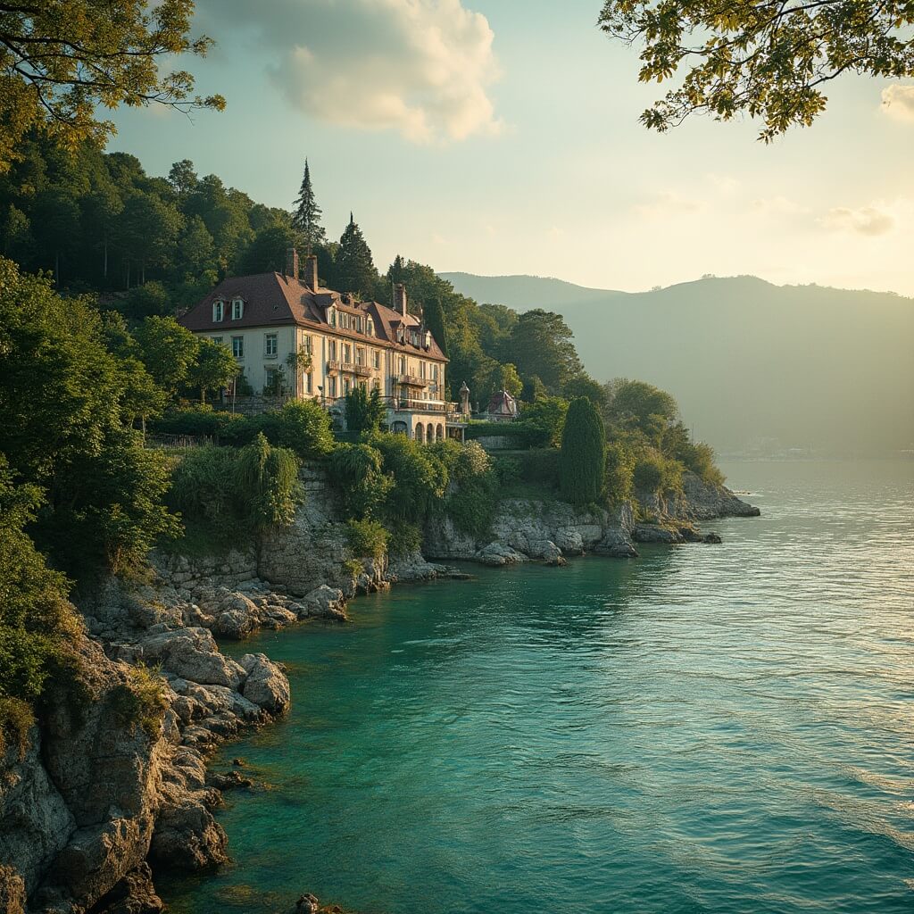 Panoramic view of Lake Geneva at golden hour with crystal blue waters, historic mansions amidst lush greenery, and soft sunlight creating a warm ambiance