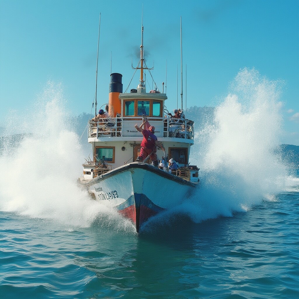 Mailboat mid-delivery on vibrant blue lake, crew member dramatically leaping between docks, illustrating lake delivery tradition