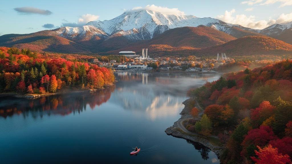 "Aerial view of Lake Placid during autumn with vibrant foliage, a kayaker on the clear water, Olympic ski jumps in the distance and the town nestled amid snow-capped mountains during golden hour."