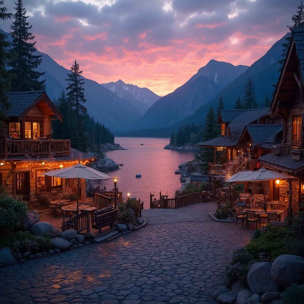 Evening view of Lake Placid village with wooden buildings illuminated by warm lights, outdoor dining areas by the water, and mountain silhouettes against a purple-orange sunset sky.