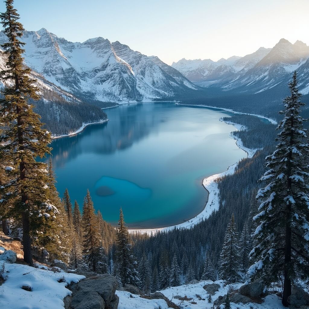 Panoramic view of Lake Tahoe with crystal-clear blue water, surrounded by snow-capped Sierra Nevada mountains, white shoreline, dense evergreen forest, and warm sunlight creating dramatic shadows during golden hour.