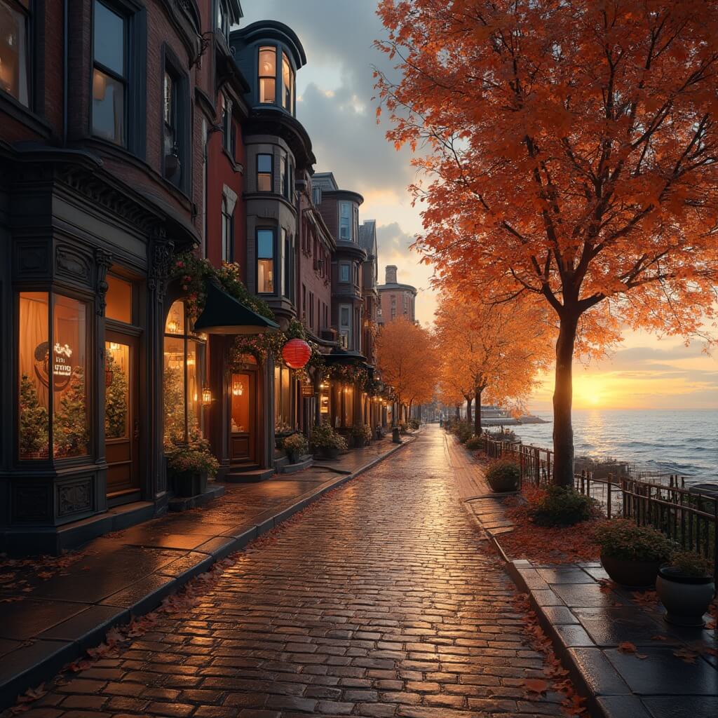 Autumn dusk on a cozy, Victorian-style lakeside street on Butler Street with warm shop lights reflecting on rain-slicked cobblestones, surrounded by vibrant fall foliage and Lake Michigan under a dramatic sunset sky in the background.