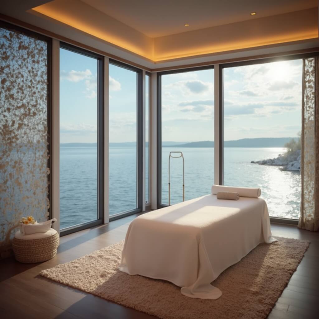 Spa treatment room at Mission Point with lake view, massage table, stone accents, and ambient lighting