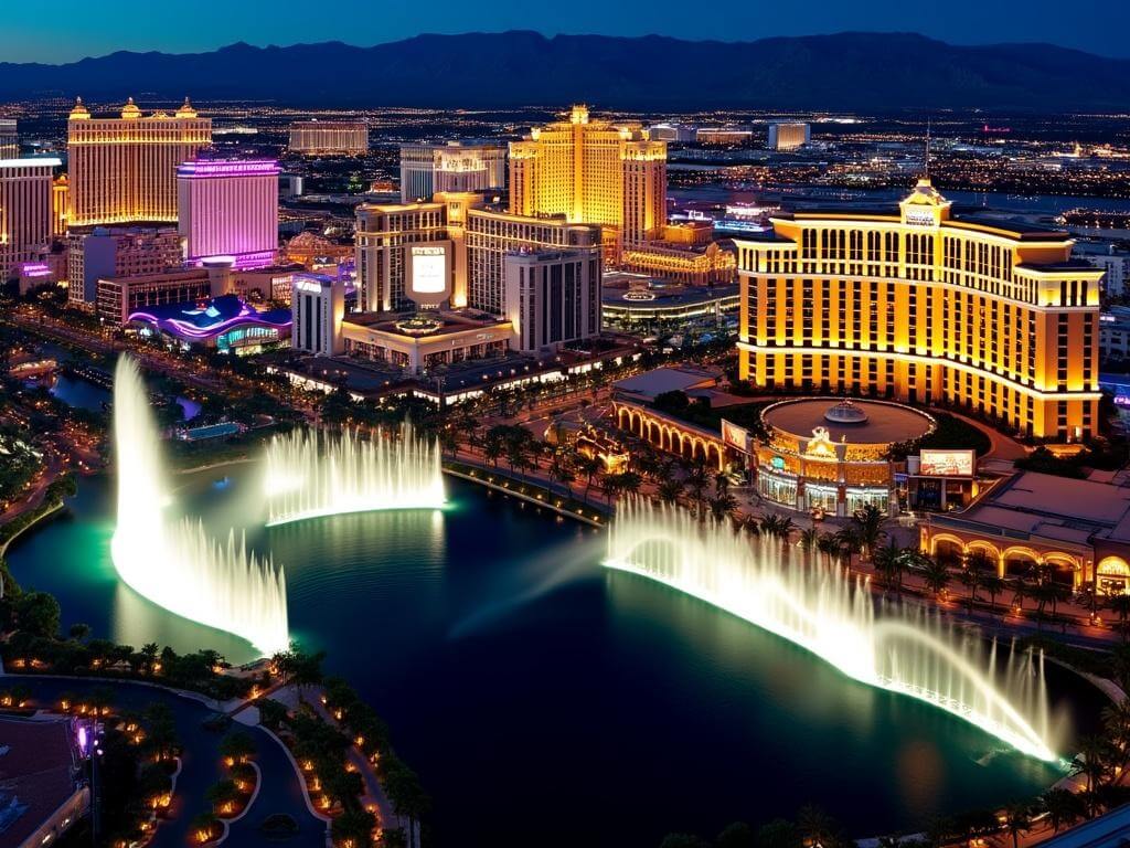 "Aerial view of the Las Vegas Strip at night featuring illuminated Bellagio fountains, neon lights of casinos, Luxor pyramid's beam, and Venetian's architecture with desert mountains in the backdrop"