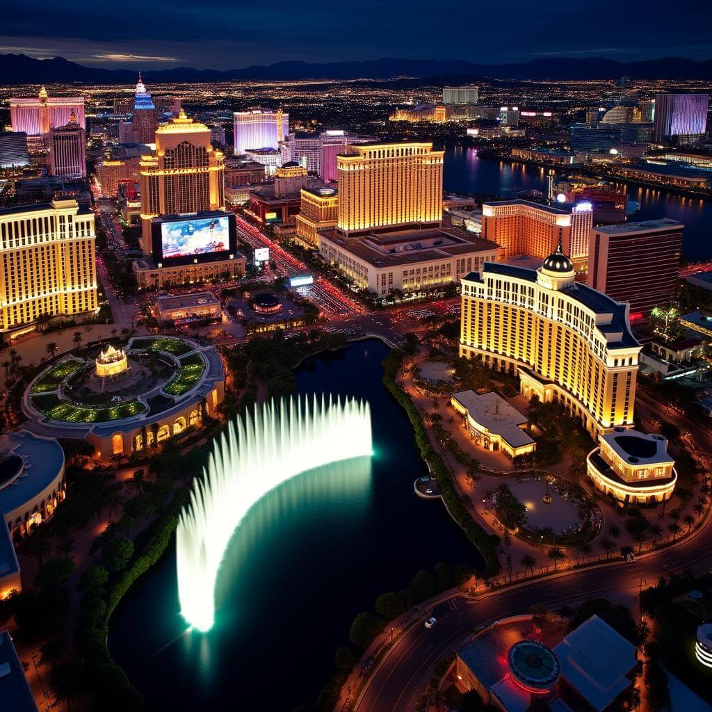 Aerial view of the Las Vegas Strip at night with illuminated mega-resorts, neon lights reflecting on hotel windows, and Bellagio fountains in action