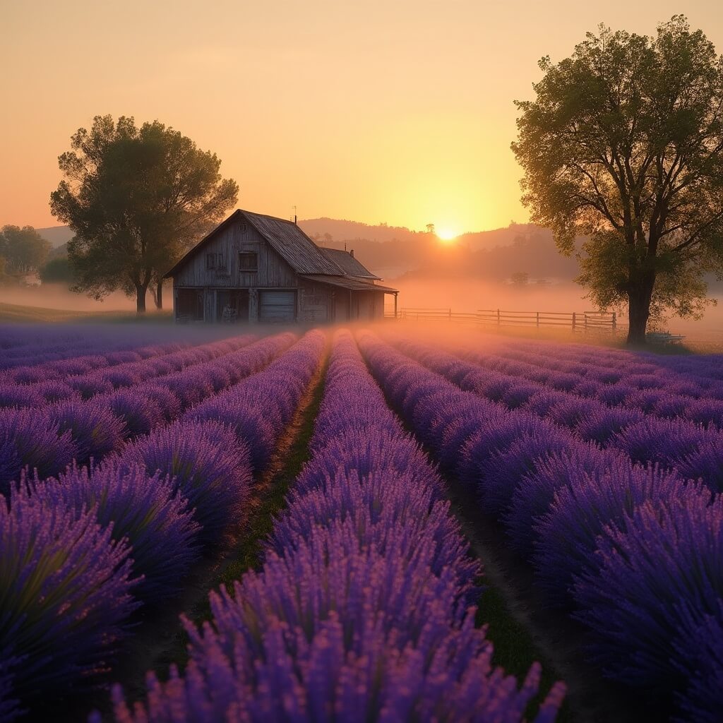Lavender field at sunset with rustic farm building in the background