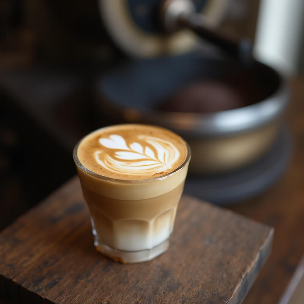 Artisan lavender-honey latte with intricate latte art on a rustic wooden surface with blurred coffee roasting equipment in the background