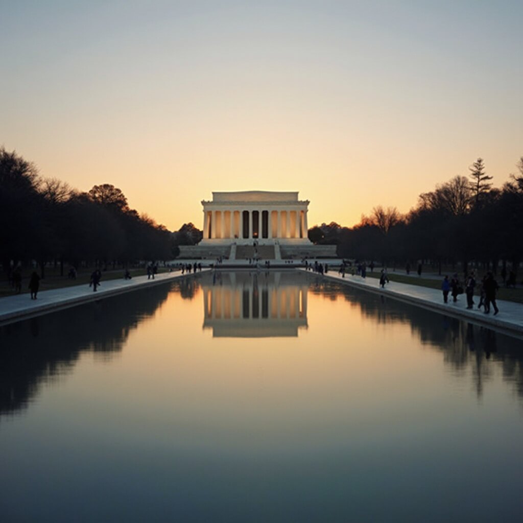 Lincoln Memorial at golden hour with warm soft light on marble statue, Reflecting Pool in foreground mirroring the monument, minimal tourists, serene atmosphere
