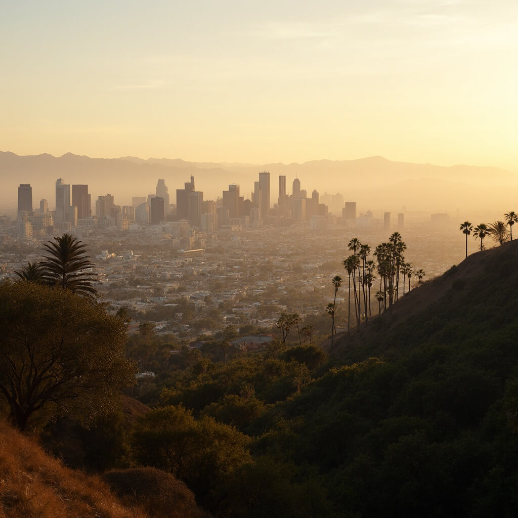 Los Angeles cityscape at golden hour with palm trees, skyscrapers, and distant mountains under warm California light