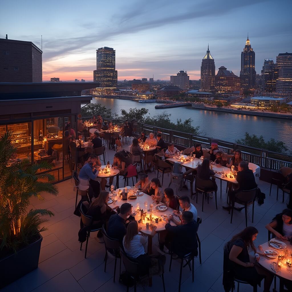 Patrons enjoying craft cocktails at a rooftop bar at dusk, with the blend of modern and historic architecture of Louisville city skyline in the backdrop and Ohio River in the distance