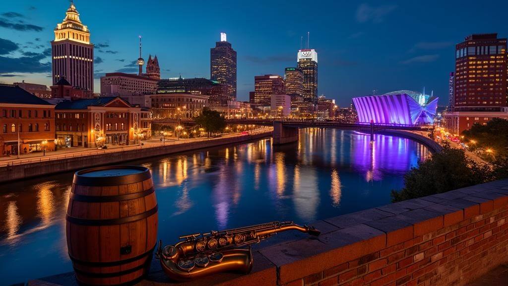 "Downtown Louisville skyline reflecting on Ohio River at night, with historic Whiskey Row illuminated in amber, a bourbon barrel and saxophone in the foreground, and the Muhammad Ali Center glowing with modern blue lighting in the background during blue hour."