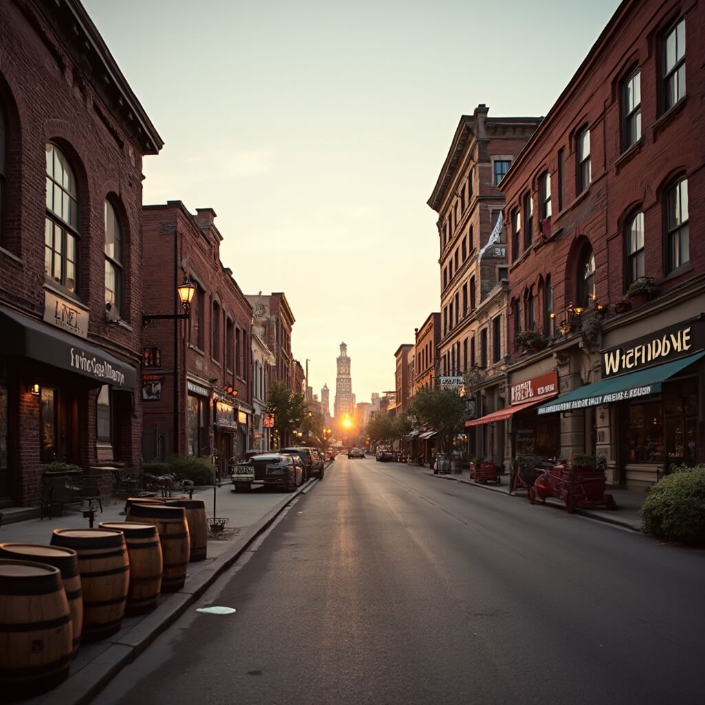 Panoramic view of Louisville's Whiskey Row at golden hour with bourbon barrels in the foreground and historic brick buildings in soft warm light