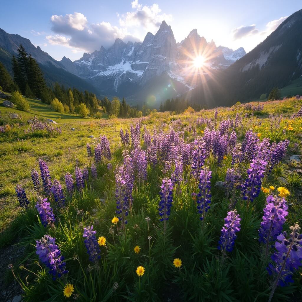 Vibrant spring meadow with blooming purple lupines and yellow balsamroot wildflowers, snow-capped peaks in the background during golden hour