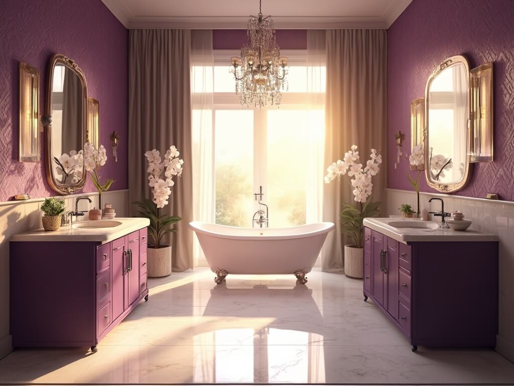 "Luxurious aubergine and cream bathroom with freestanding tub, crystal chandelier, and Art Deco vanity in warm golden hour light"