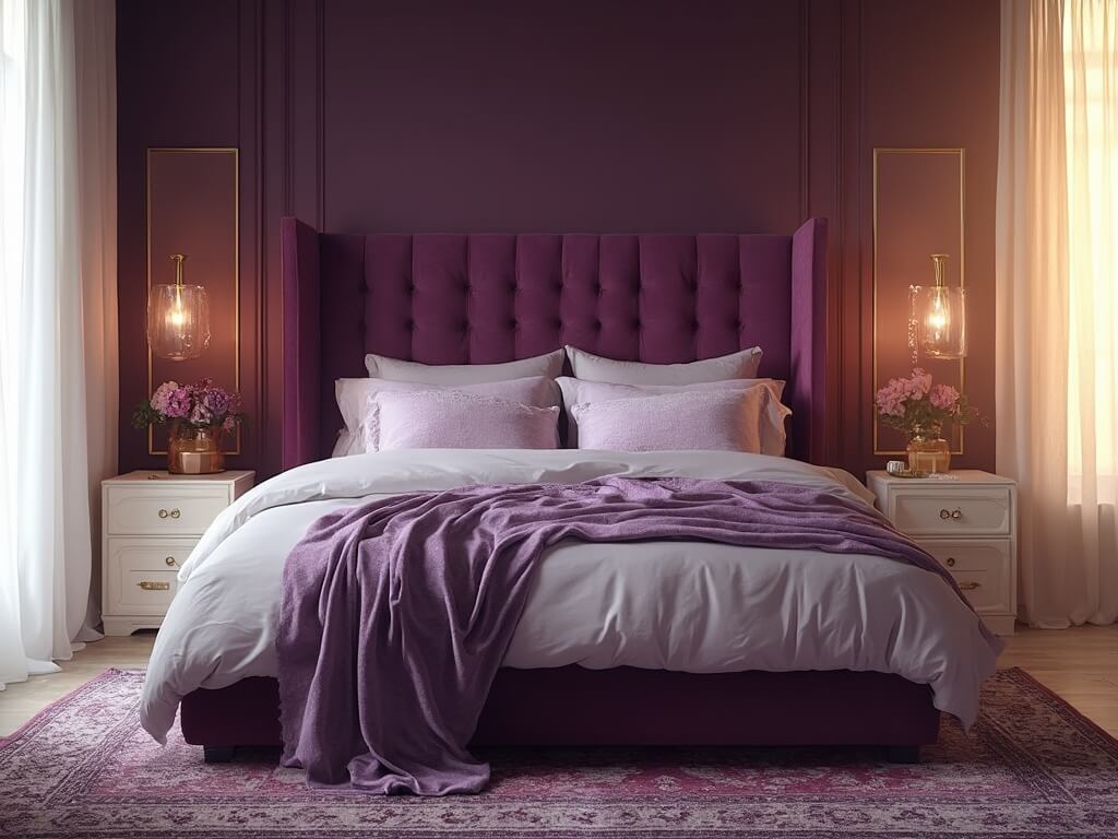 "Luxurious purple-themed master bedroom with king-sized bed, accentuated with warm sunlight through sheer curtains during golden hour."