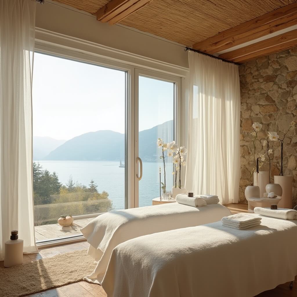 Zen spa treatment room with floor-to-ceiling windows overlooking Lake Geneva, featuring natural stone walls, bamboo flooring, a massage table with white linens, and decorative elements like essential oil diffusers, river stones, and fresh orchids.