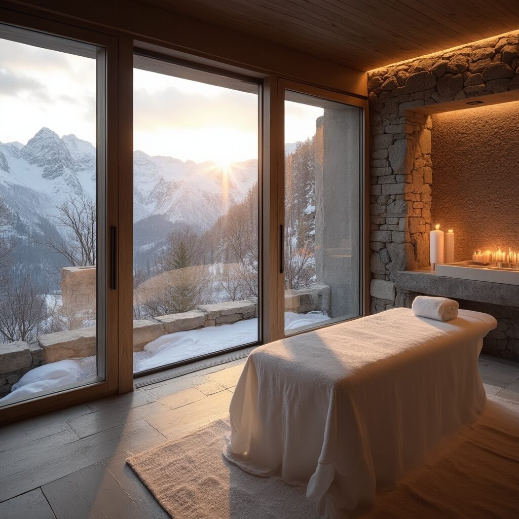 Luxury mountain spa treatment room with panoramic window views of snow-capped peaks, massage table with white linens, natural stone accents, wooden beams and ambient lighting during golden hour