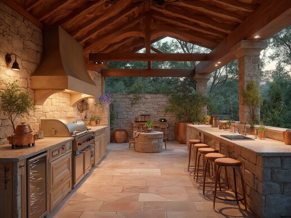 "Luxurious outdoor kitchen with professional-grade grill, pizza oven, teak cabinets, and herb garden at sunset with Mediterranean background"