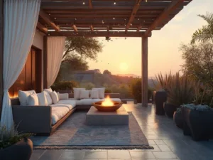 "Modern luxury patio with teak pergola, contemporary grey sectional, copper fire pit, Moroccan-inspired rugs, string lights, black planters with ornamental grasses and succulents, during golden hour sunset"