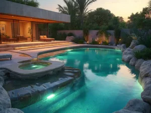 "Montage of diverse luxury pool designs in various lighting conditions, featuring modern, organic, Mediterranean and zen styles with architectural precision and hyper-realistic render."