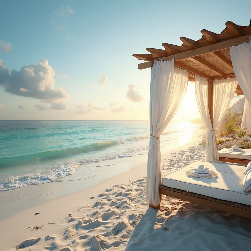 Luxurious beachfront resort at sunset featuring white sand, turquoise waters, and elegant cabanas in a tranquil tropical setting