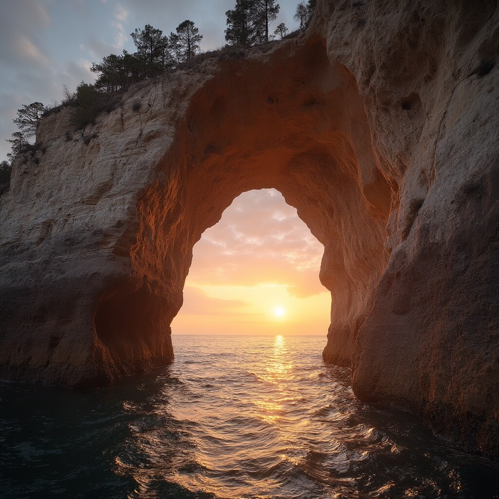 Arch Rock on Mackinac Island against a golden sky with Lake Huron visible through opening, emphasizing its 146-foot height and weathering patterns