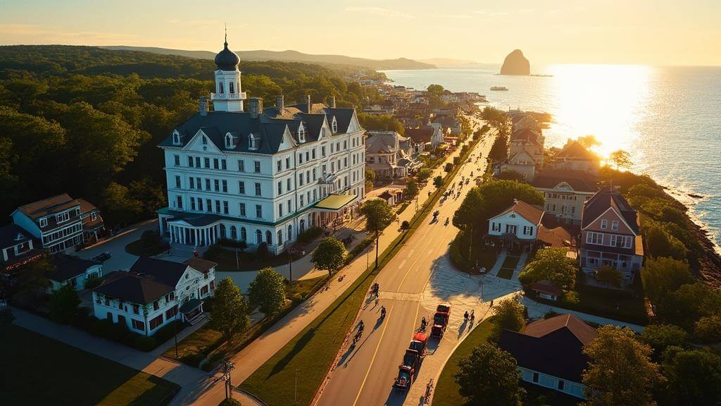 "Aerial view of Mackinac Island at sunset featuring the Grand Hotel, horse-drawn carriages, cyclists, Arch Rock, Victorian buildings and fudge shops, surrounded by Lake Huron and lush greenery"