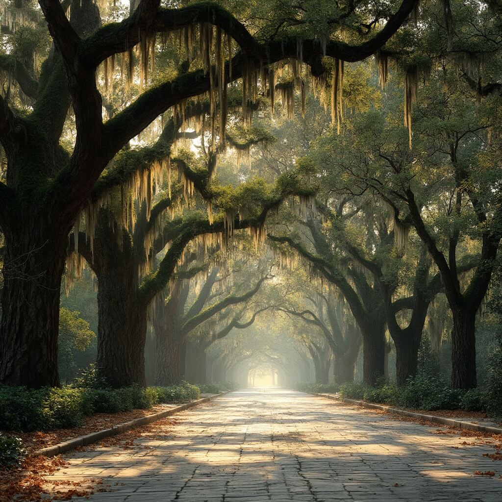 Magnolia Avenue landscape with live oak trees and Spanish moss forming a natural canopy over a cobblestone street, bathed in soft golden light.