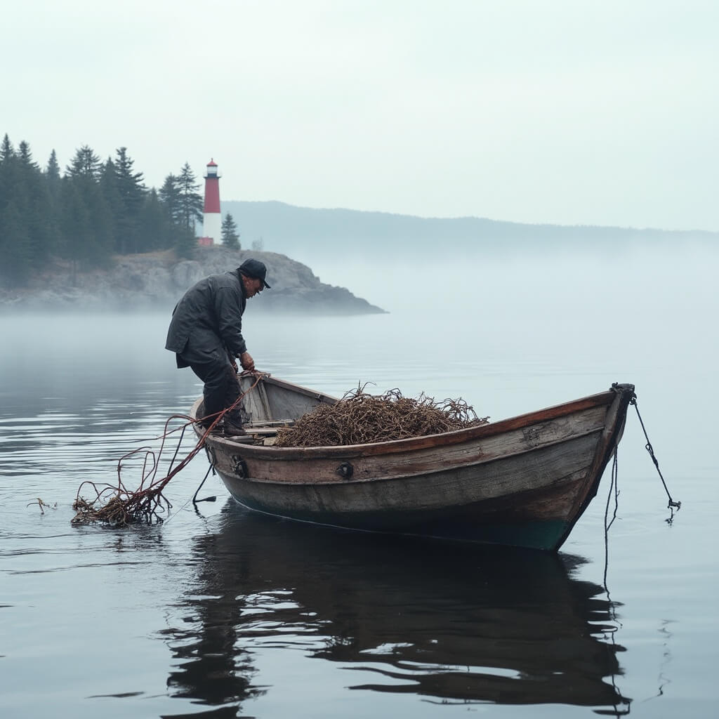 A weathered captain pulling up a lobster trap on a traditional wooden Maine lobster boat on calm morning waters, with morning mist, distant evergreen islands, and a red-and-white lighthouse in the background