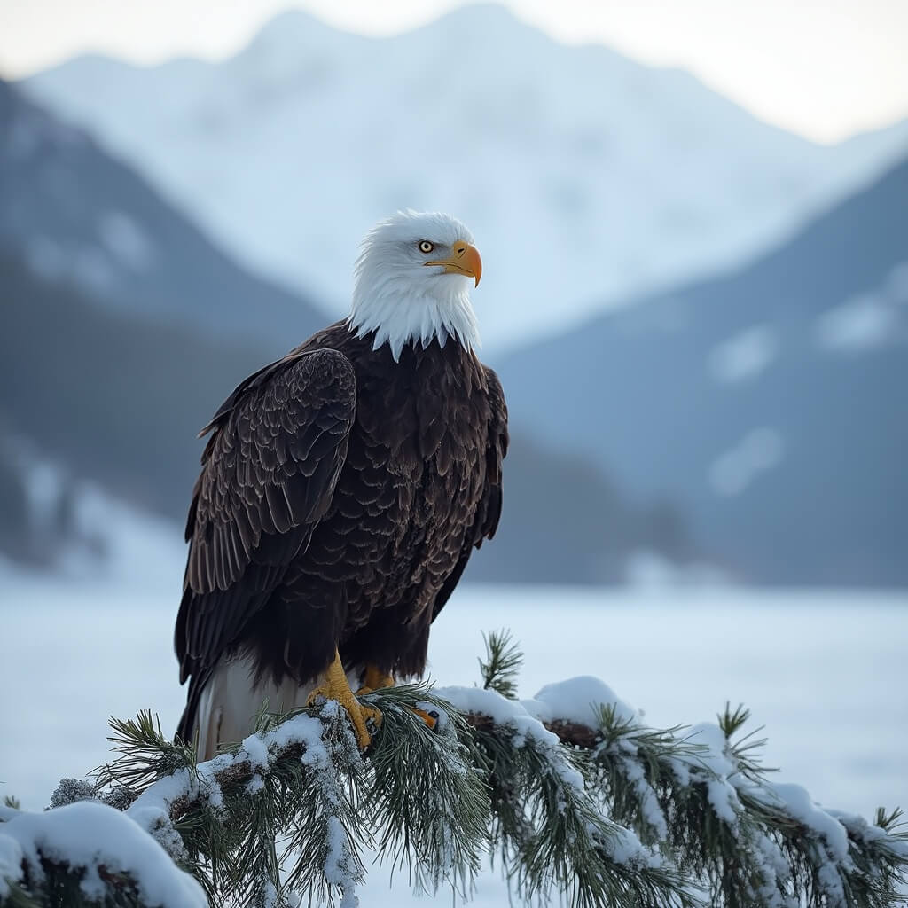 Majestic bald eagle perched on a snow-covered pine branch in winter, with blurred mountains and frozen lake in the background