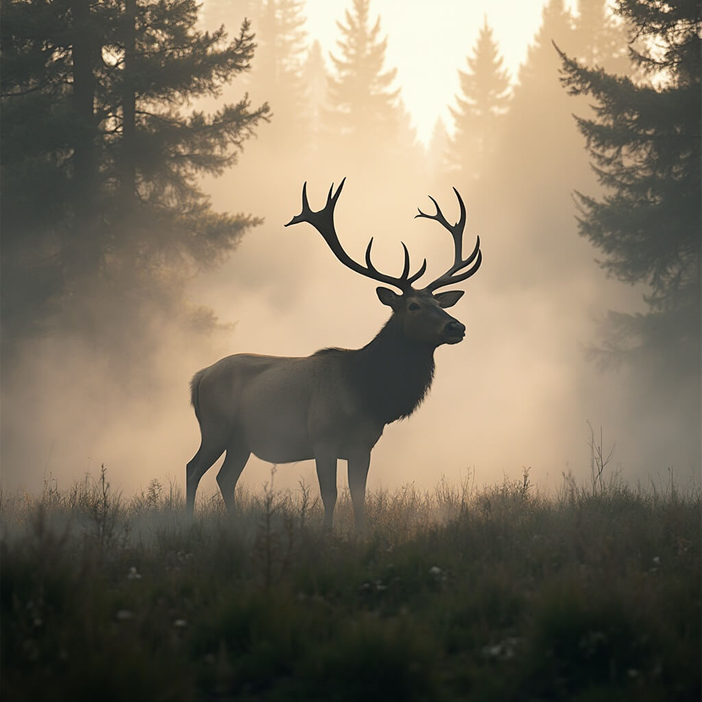 Majestic bull elk emerging from fog in a misty meadow against soft morning light, shot in ultra-realistic style