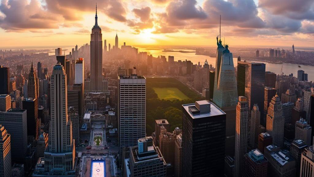 "Aerial panoramic view of Manhattan at sunset, featuring landmarks like the Empire State Building, Central Park, Times Square, Brooklyn Bridge, Statue of Liberty, One World Trade Center, and Rockefeller Center"