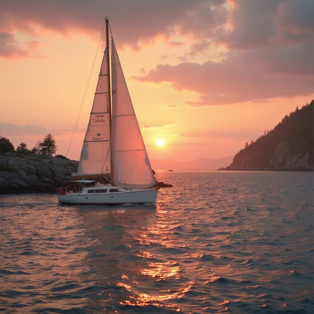 Margaret Todd sailboat on Frenchman Bay during sunset, with orange and pink sky reflection on calm waters and rocky coastline of Bar Harbor in background