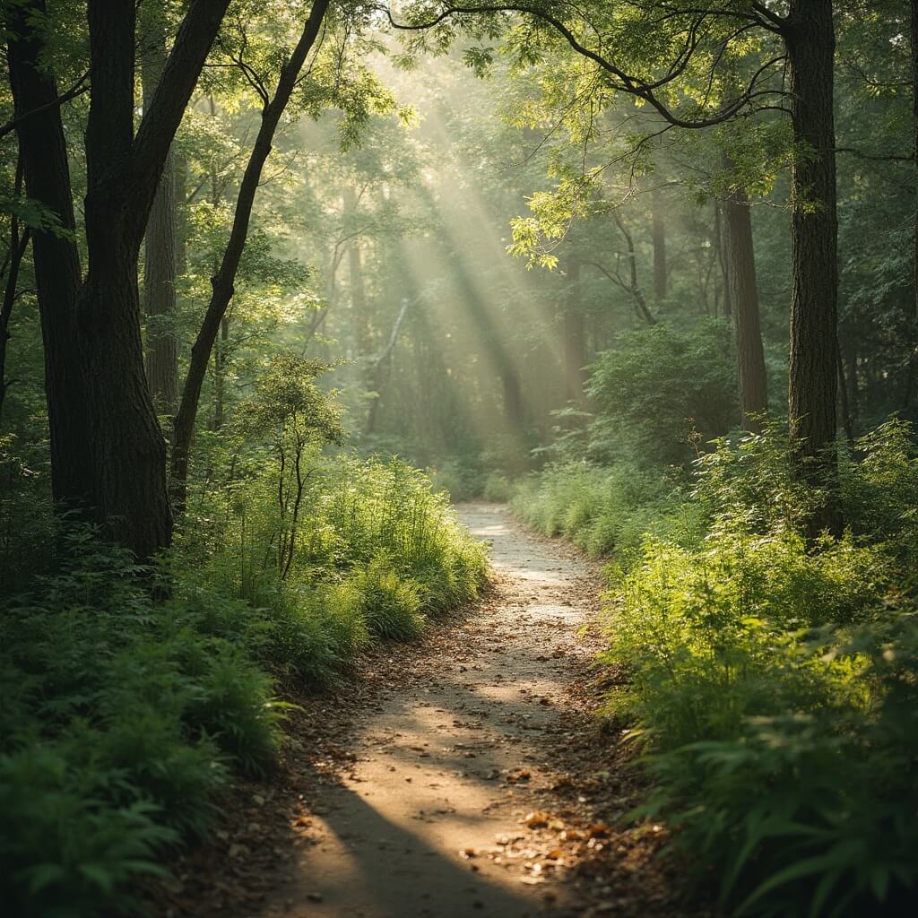 Winding hiking trail in a dense maritime forest at First Landing State Park illuminated by soft sunlight