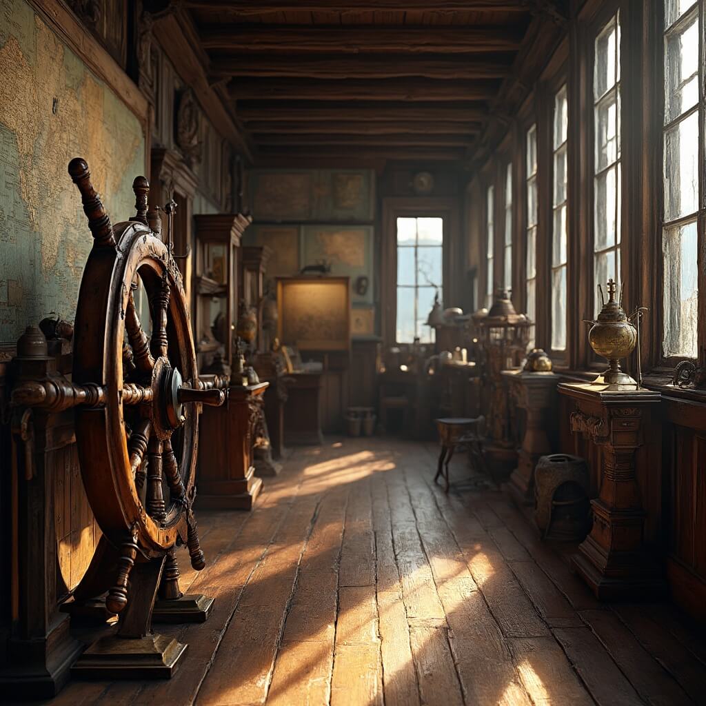 Detailed interior of Maritime Museum's main gallery with a restored 19th-century ship's wheel, naval artifacts, vintage maps, and brass instruments, illuminated by natural light creating dramatic shadows on antique wooden floorboards