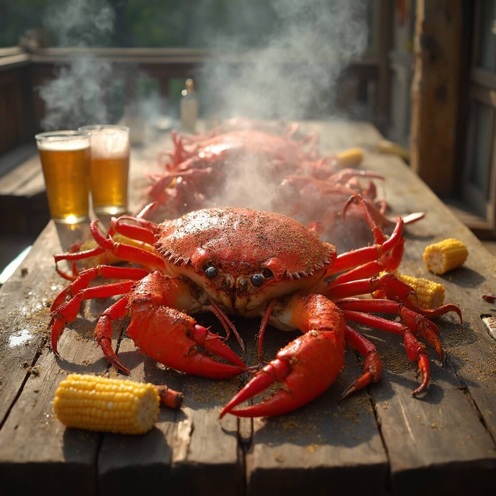 Massive Maryland blue crab feast with cold craft beers and corn on the cob on a weathered wooden table outdoors, highlighted by natural afternoon sunlight
