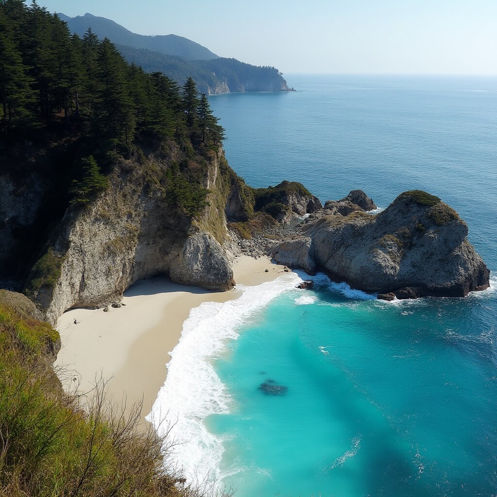 McWay Falls cascading onto sandy beach with turquoise ocean surround and green cliff vegetation