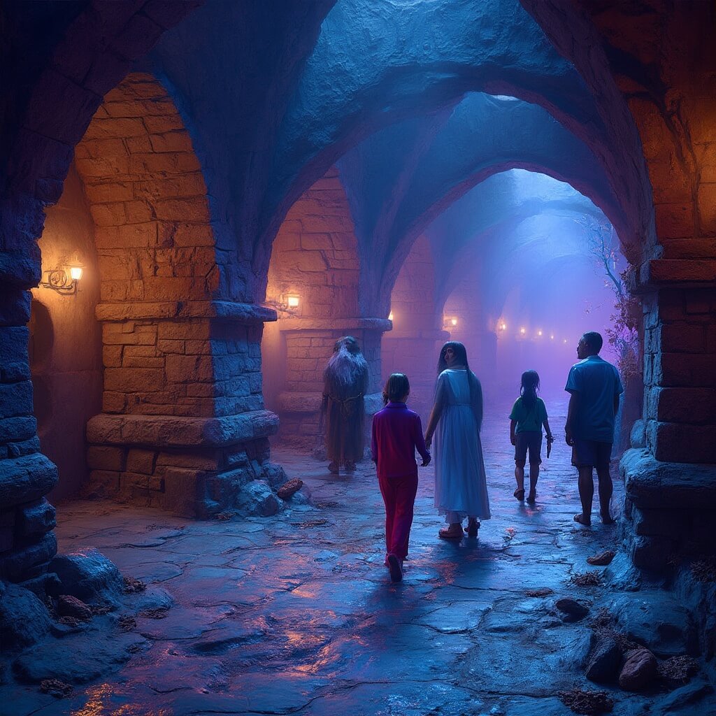 Medieval-themed interactive game space with stone walls, archways, purple and blue lighting, and fantasy props where families are solving puzzles together