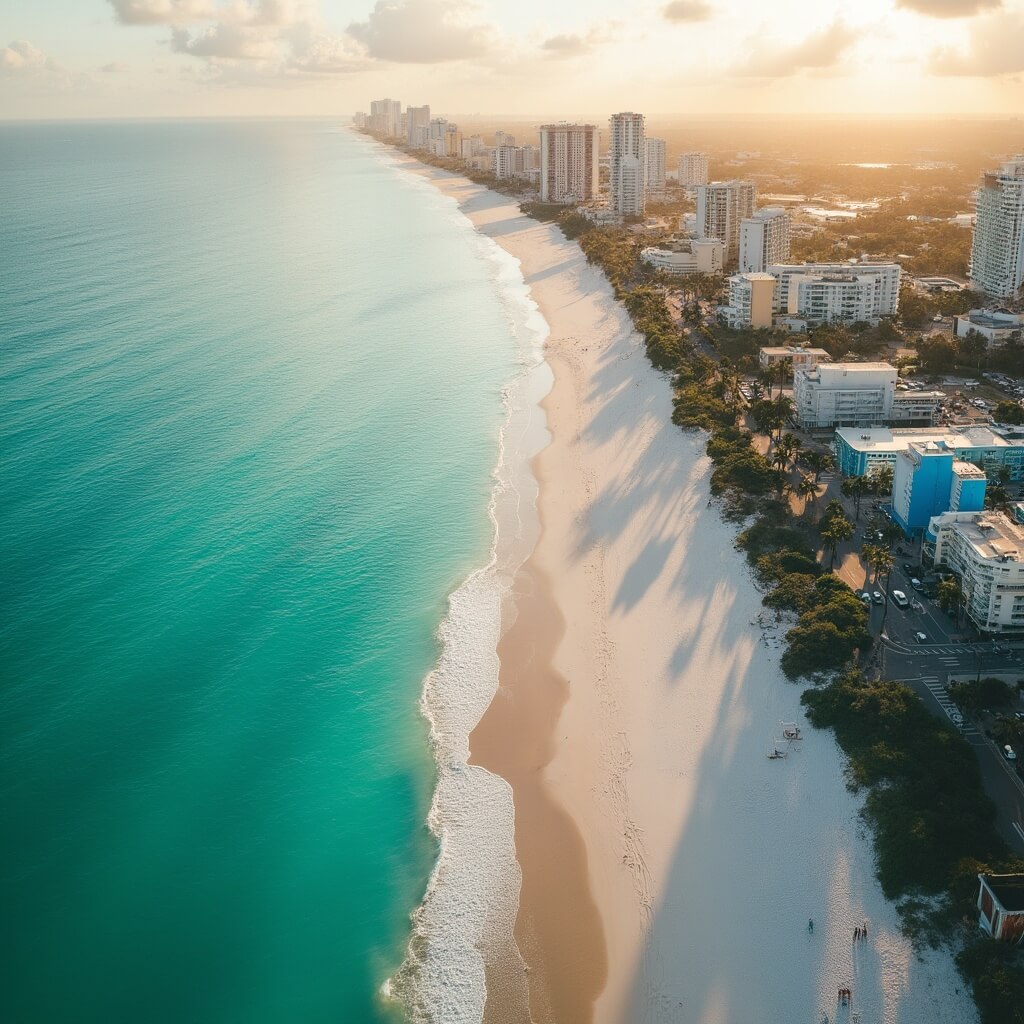Aerial view of Miami Beach at sunset featuring turquoise waters, white sand, and pastel Art Deco buildings