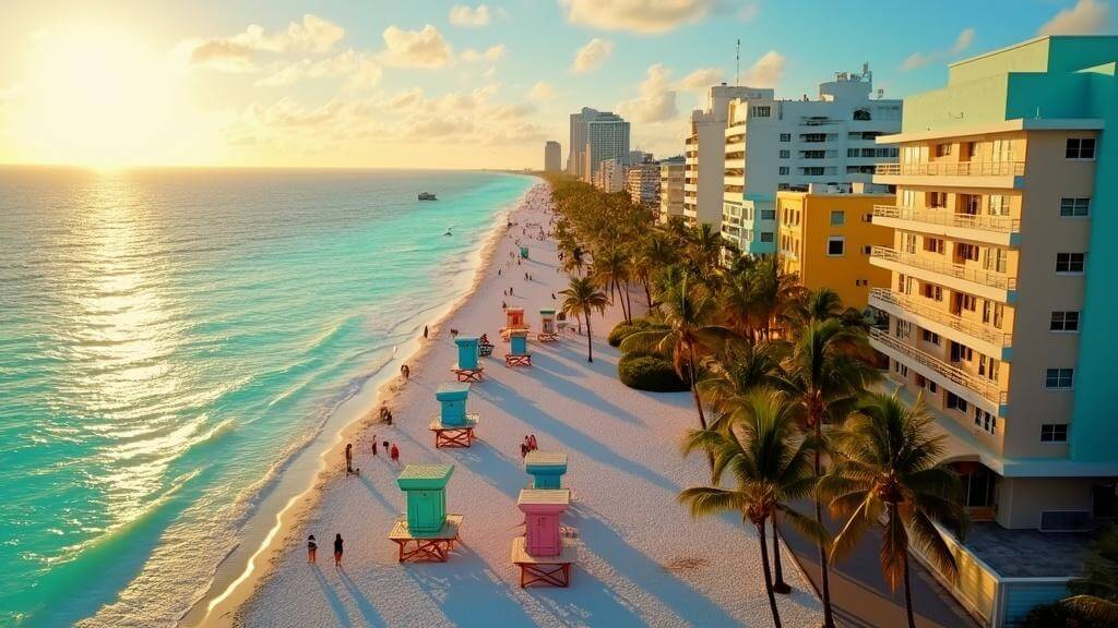 "Aerial view of Miami Beach's coastline during golden hour, with Art Deco buildings, vintage lifeguard towers, palm trees, sun-seekers, and distant boats."