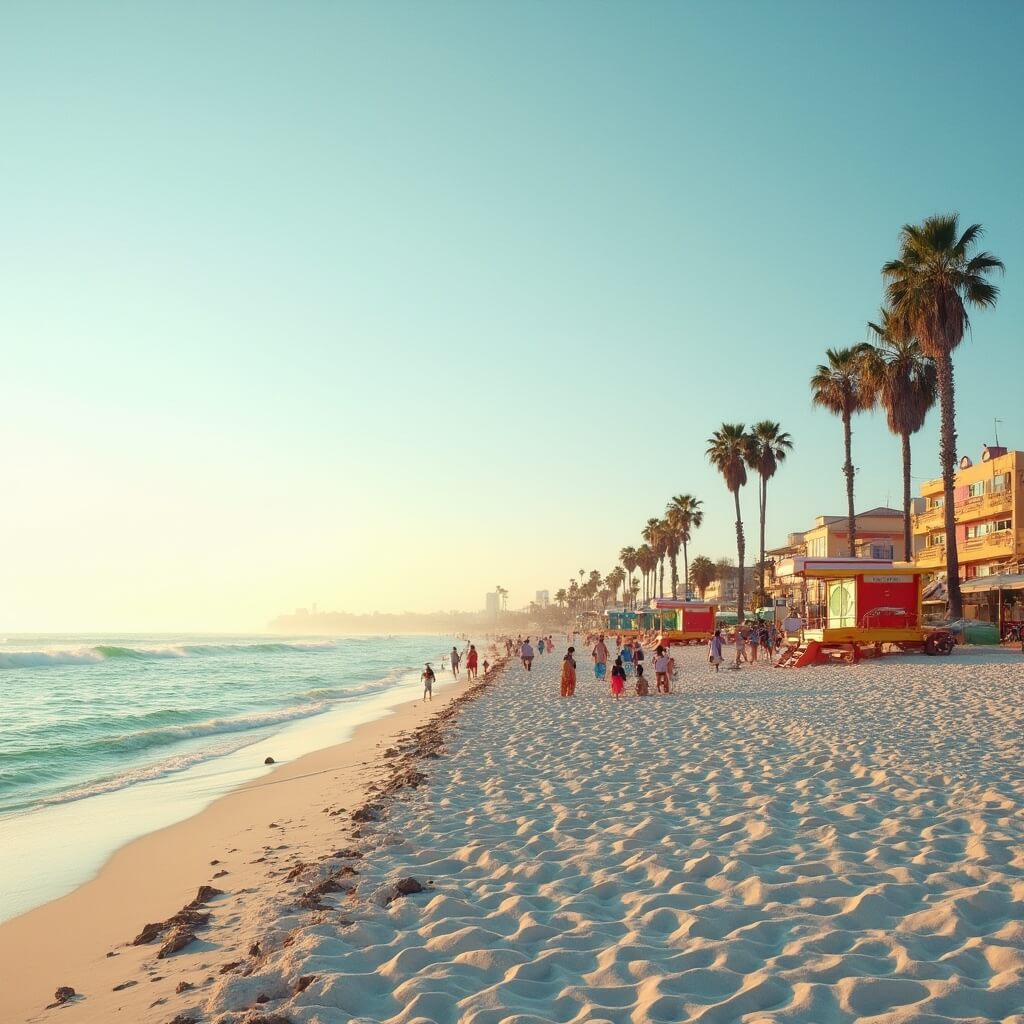 Golden hour view at North Beach with turquoise waters, white sand, colorful lifeguard towers, families strolling, palm trees, and pastel beachfront buildings
