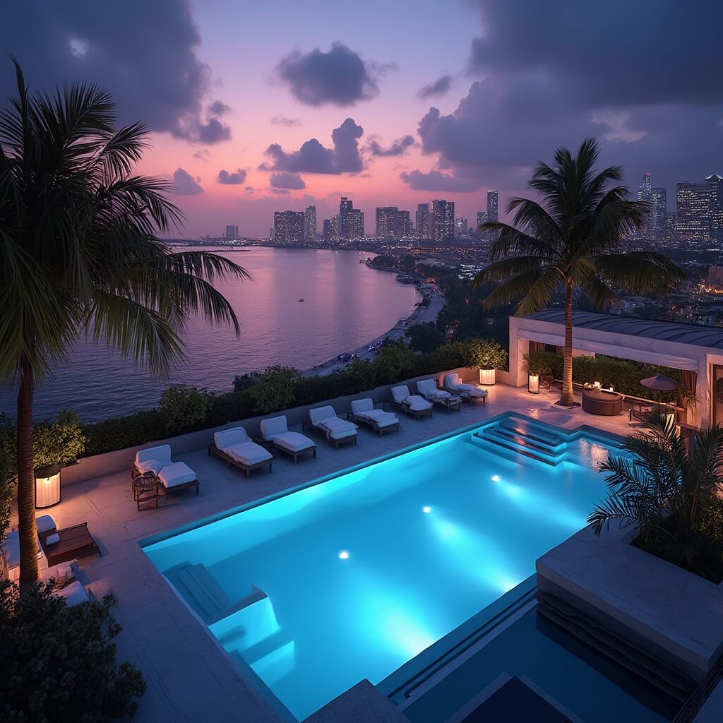 Aerial view of a luxurious Miami rooftop lounge with illuminated infinity pool reflecting city lights, modern loungers, cabanas, palm tree silhouettes against sunset sky, and downtown Miami skyline in the background