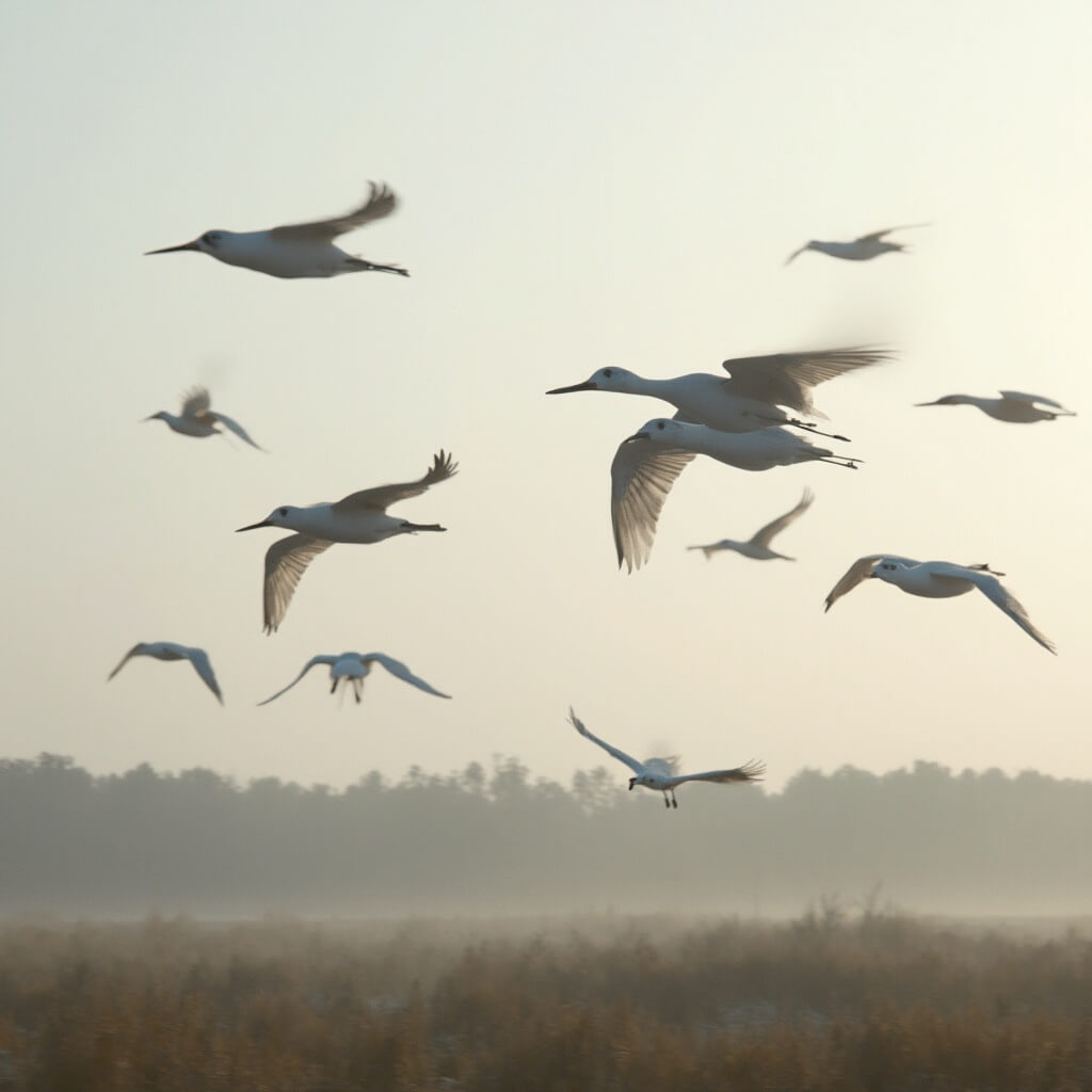 Migratory birds soaring over the marshlands of Cape May with soft lighting enhancing the natural wildlife preservation scene
