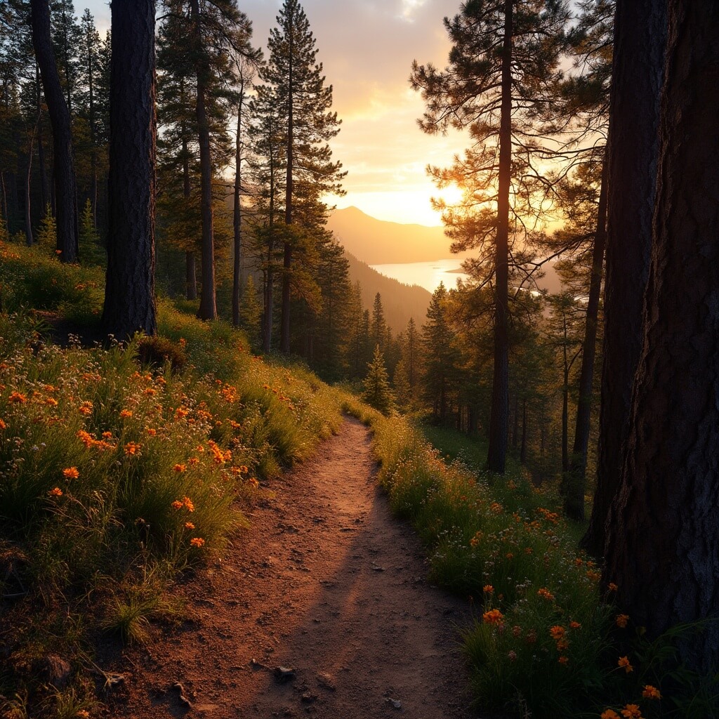 Golden hour sunset on Mineral Ridge Trail with dirt path winding through dense pine forest and Lake Coeur d'Alene visible, adorned with scattered wildflowers