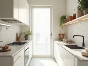 "Bright minimalist galley kitchen with off-white walls, matte white cabinets, wooden floating shelves, stainless steel knife strip, gray quartz countertop, subway tile backsplash, under-cabinet LED lighting, and morning sunlight coming through window."