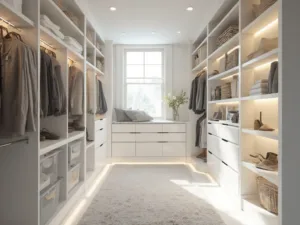"Minimalist and organized walk-in closet with custom white shelving, double-rod system, and curated clothing on grey velvet hangers, captured in professional interior photography lighting."