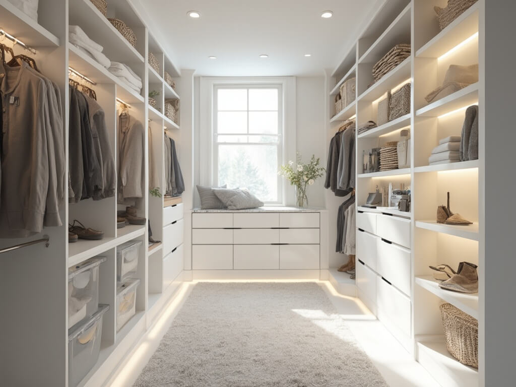"Minimalist and organized walk-in closet with custom white shelving, double-rod system, and curated clothing on grey velvet hangers, captured in professional interior photography lighting."
